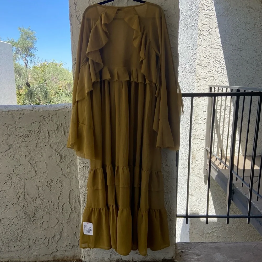 ASOS Sheer Tiered Ruffle Maxi Dress Mustard Bell Sleeve Raw Hem Size 10 - Picture 3 of 8